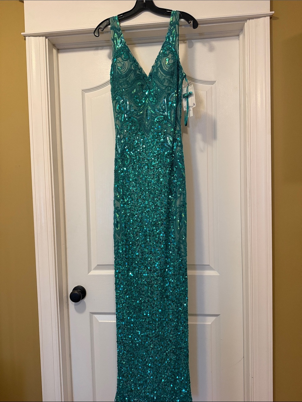 Scala Teal Sequin V-Neck Maxi Gown